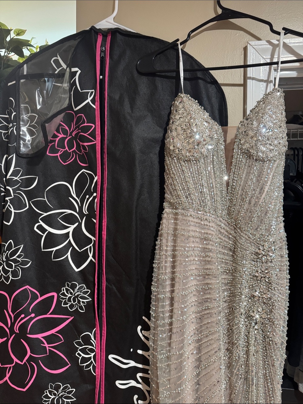 Embellished Ivory Beaded Prom Dress with Spaghetti Straps